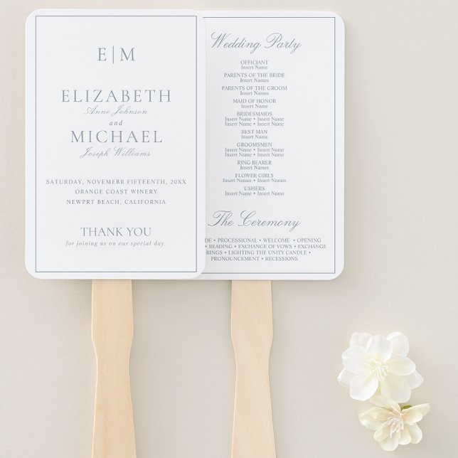 Leque Programa de Casamento de Script Azul Dusty do Mono (Wedding Program Hand Fan)