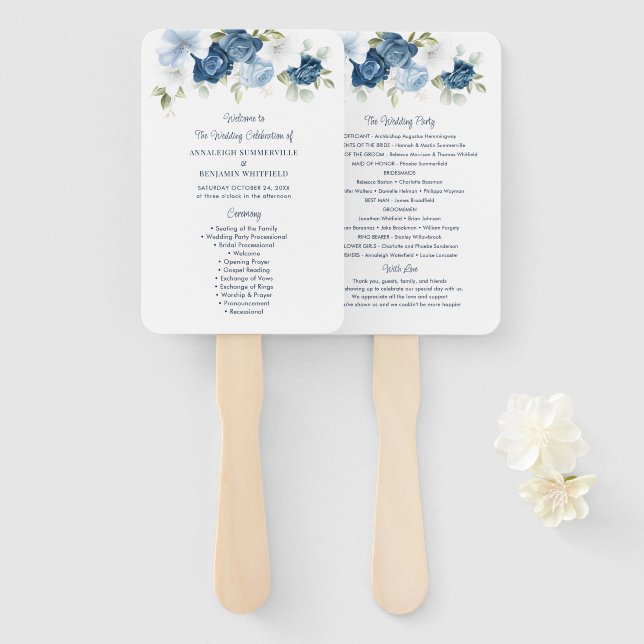 Leque Programa de Casamento de Script Azul Floral Dusty (Frente e Verso)