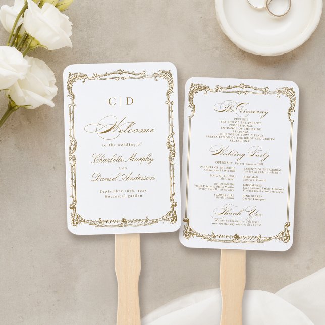 Leque Programa de Casamento de Script Clássico de Quadro (Gold Vintage Frame Classic Script Wedding Program Hand Fan)