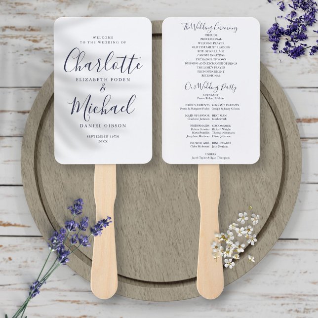Leque Programa de Casamento de Script de Assinatura Azul (Elegant Navy Blue Signature Script Wedding Program Hand Fan)