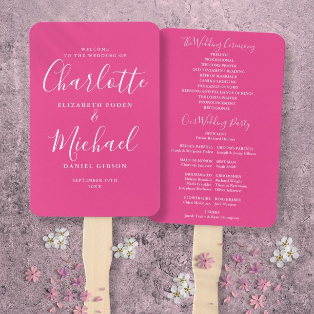 Leque Programa de Casamento de Script de Assinatura Rosa (Hot Pink Signature Script Wedding Program Hand Fan)