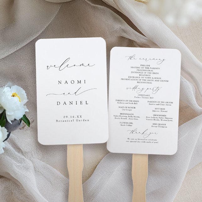 Leque Programa de Casamento de Script de Chic Moderno Mi (Minimalist Modern Chic Script Wedding Program Hand Fan)