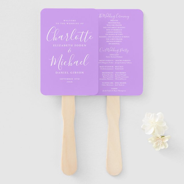 Leque Programa de Casamento de Script de Lavanda Lilac O (Frente e Verso)