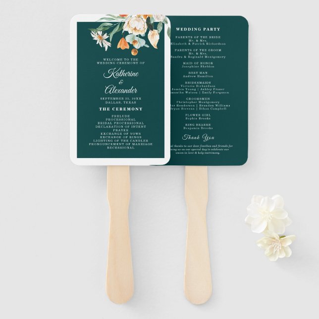 Leque Programa de Casamento de Script Elegante Floral de (Frente e Verso)