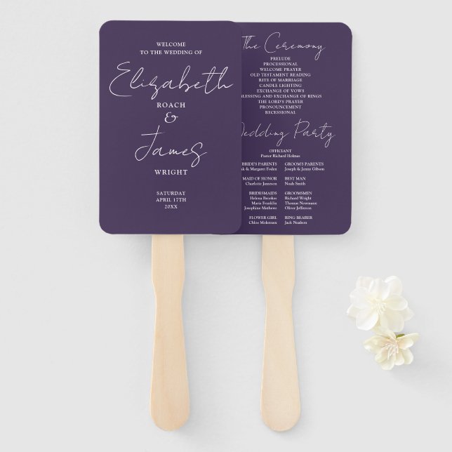 Leque Programa de Casamento de Script Minimalista Roxo (Frente e Verso)