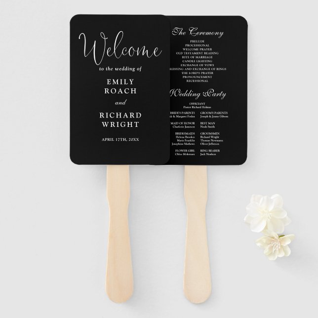 Leque Programa de Casamento de Script Moderno Preto e Br (Frente e Verso)