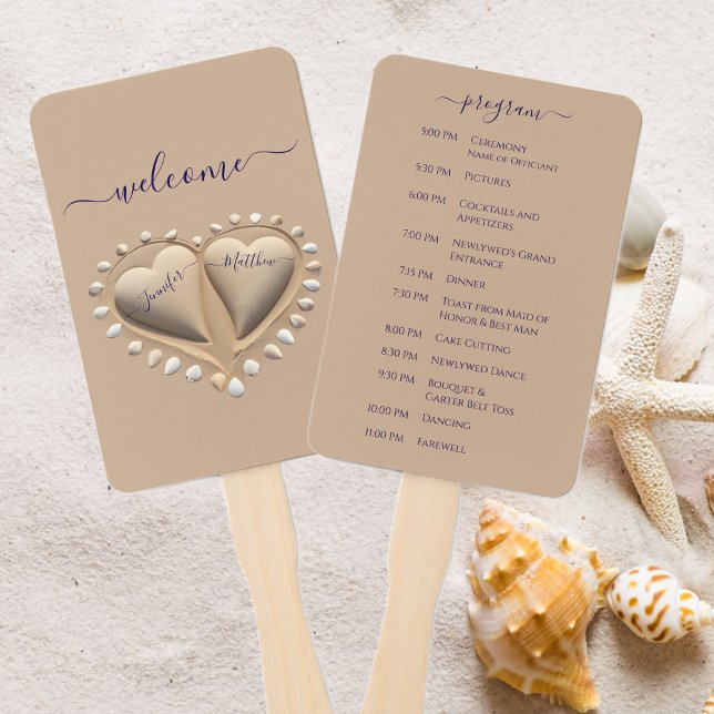 Leque Programa de Casamento de Semente de Areia (Beach Wedding Sand Hearts Wedding Program Hand Fan )