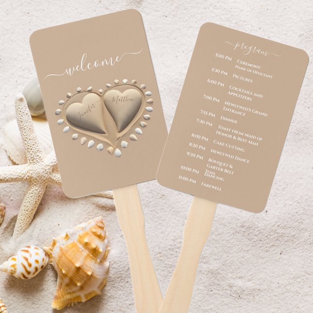Leque Programa de Casamento de Semente de Areia (Beach Wedding Sand Hearts Wedding Program Hand Fan )
