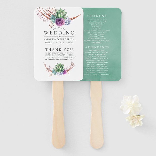 Leque Programa de Casamento de Suculentos do Deserto de  (Frente e Verso)