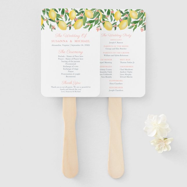 Leque Programa de Casamento de Texto Cor de Água e Limõe (Frente e Verso)