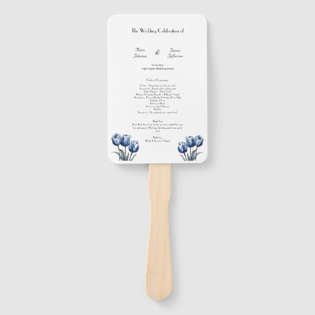 Leque Programa de Casamento de Tulipas Azul Delft (Frente)