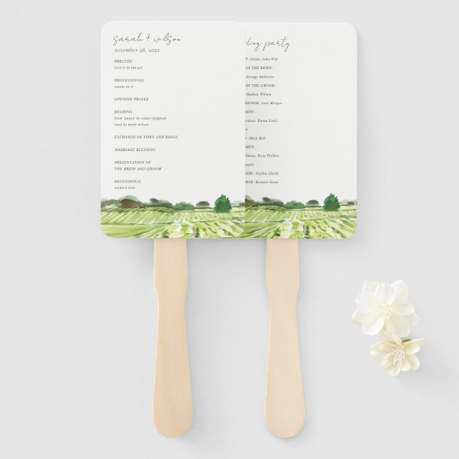 Leque Programa de Casamento de Vinhas Verdes com Aquarel (Frente e Verso)