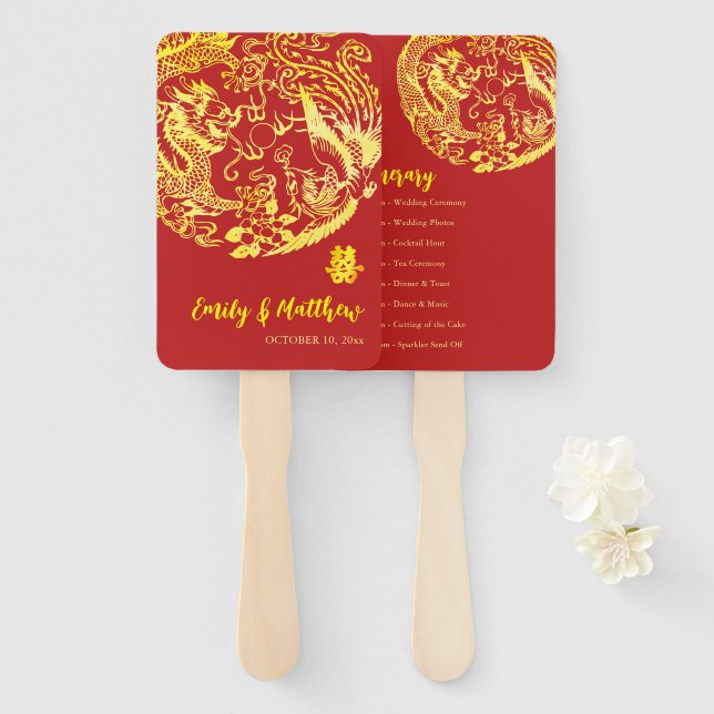 Leque Programa de casamento do Dragão Chinês Vermelho (Frente e Verso)