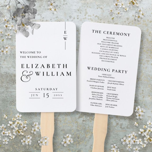 Leque Programa de Casamento do Monograma Elegante Preto- (Black And White Elegant Monogram Wedding Program Hand Fan)