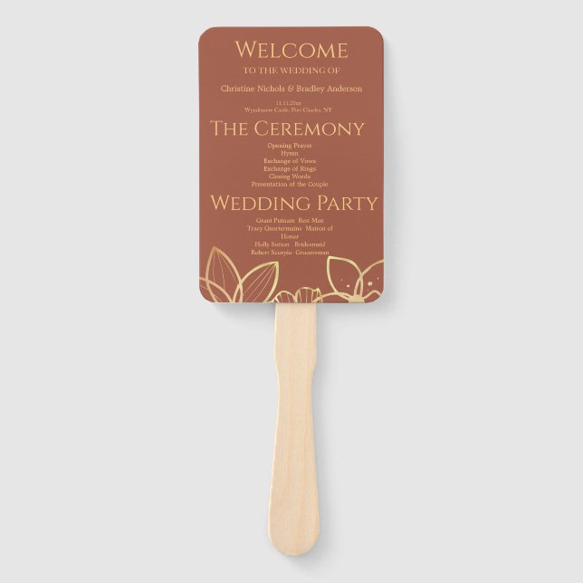 Leque Programa de Casamento Dourado e Cobre (Frente)