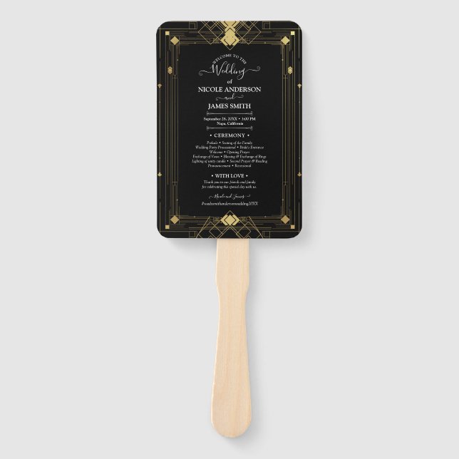 Leque Programa de Casamento Dourado Preto Deco Glam Rugi (Frente)