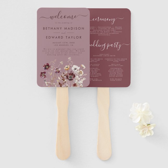 Leque Programa de Casamento Dusty Rosa Wildflower (Frente e Verso)