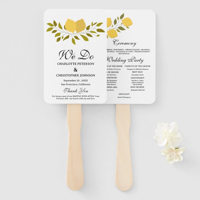 Leque Programa de Casamento Elegante Amarelo Limão (Frente e Verso)