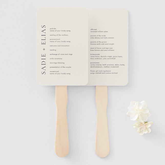 Leque Programa de Casamento Elegante Bege Tipografia Mod (Frente e Verso)