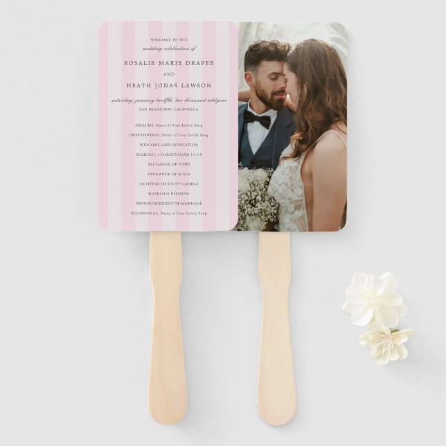 Leque Programa de Casamento Elegante com Listras Rosa Mo (Frente e Verso)