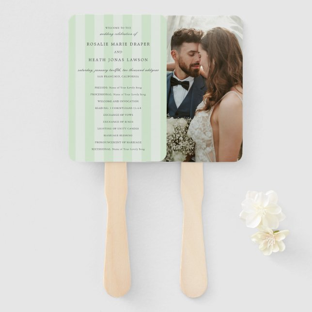 Leque Programa de Casamento Elegante com Listras Verdes  (Frente e Verso)
