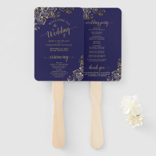 Leque Programa de Casamento Elegante de Lace Azul e Dour