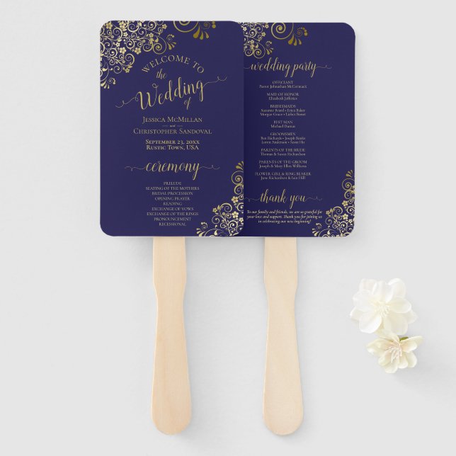 Leque Programa de Casamento Elegante de Lace Azul e Dour (Frente e Verso)