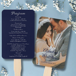 Leque Programa de Casamento Elegante em Azul Naval e Let