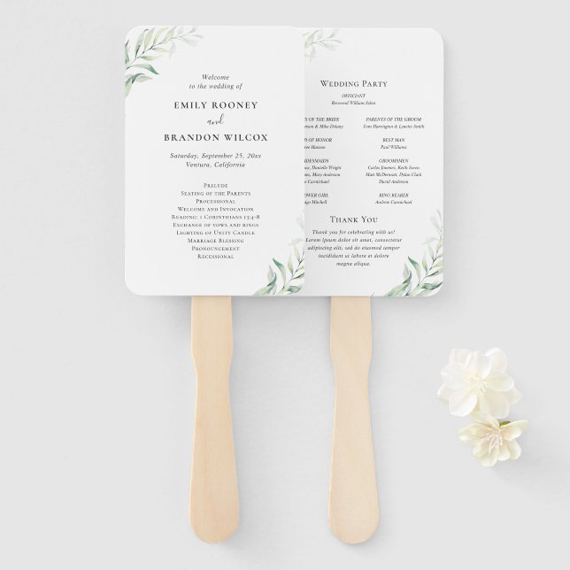 Leque Programa de Casamento Elegante em Verde Salvia Euc (Frente e Verso)