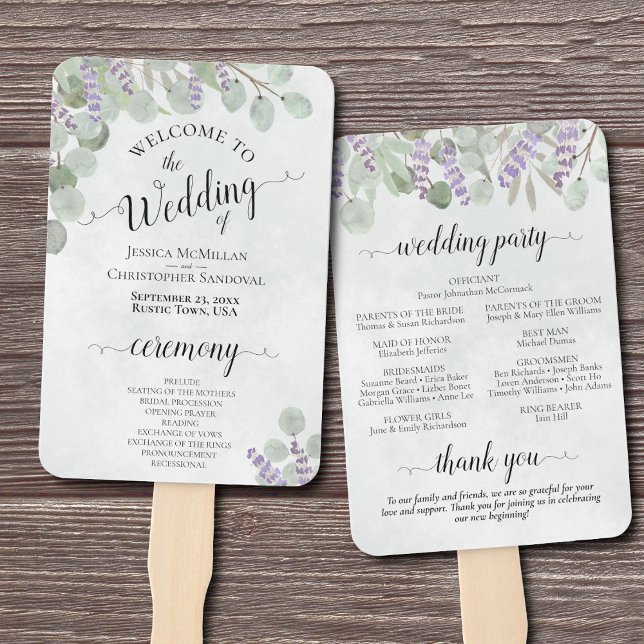 Leque Programa de Casamento Elegante Eucalyptus e Lavand (Front/Back)