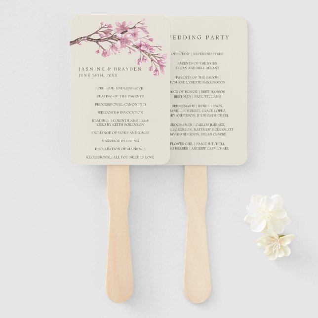Leque Programa de Casamento Elegante Flor de Cerejeira R (Frente e Verso)