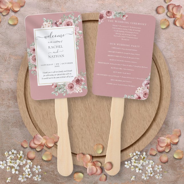 Leque Programa de Casamento Elegante Floral Dusty Rosa (Dusty Rose Floral Elegant Wedding Program Hand Fan)