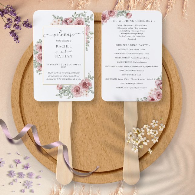 Leque Programa de Casamento Elegante Floral Rosa Poeiren (Floral Dusty Rose Elegant Wedding Program Hand Fan)