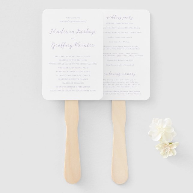 Leque Programa de Casamento Elegante Lilás Script em Neg (Frente e Verso)