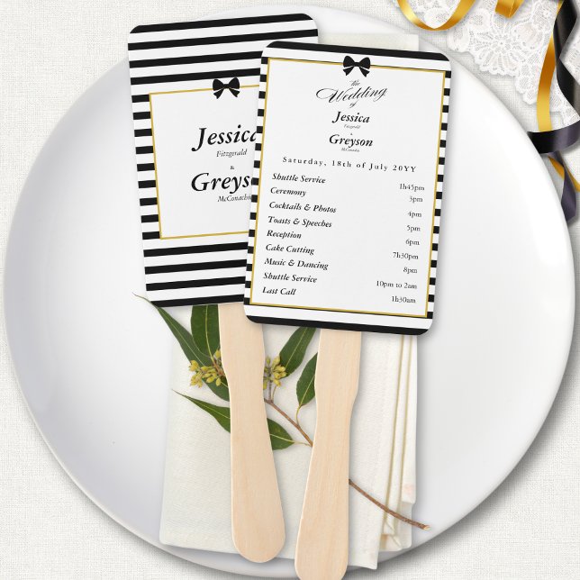 Leque Programa de Casamento Elegante Listras Preto e Bra (Criador carregado)
