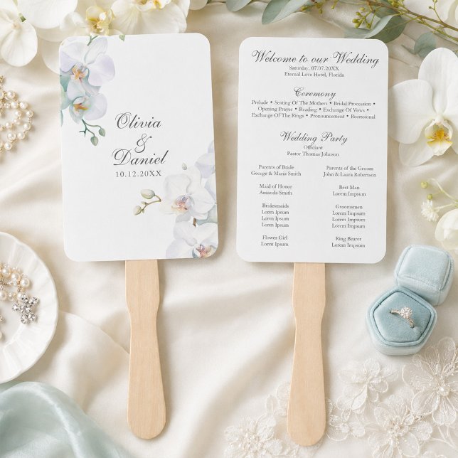 Leque Programa de Casamento Elegante Moderno com Orquíde (Modern Eleganta White Orchids Wedding Program Hand Fan)