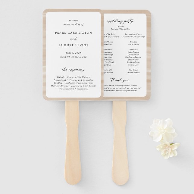 Leque Programa de Casamento Elegante Neutro Arenoso Coas (Frente e Verso)