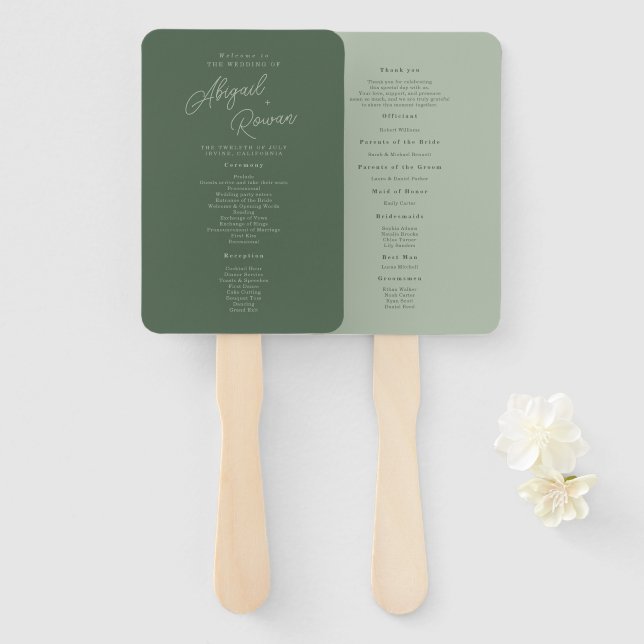 Leque Programa de Casamento Elegante Verde Floresta (Frente e Verso)