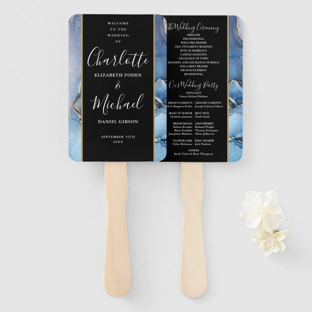 Leque Programa de Casamento em Ágata Azul com Rótulo de  (Frente e Verso)