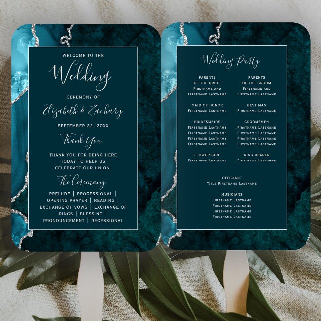 Leque Programa de Casamento em Ágata Teal Escuro Prata (Criador carregado)