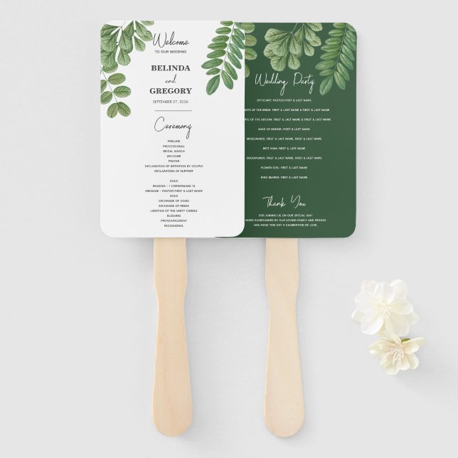 Leque Programa de Casamento em Aquarela Verde Esmeralda (Frente e Verso)