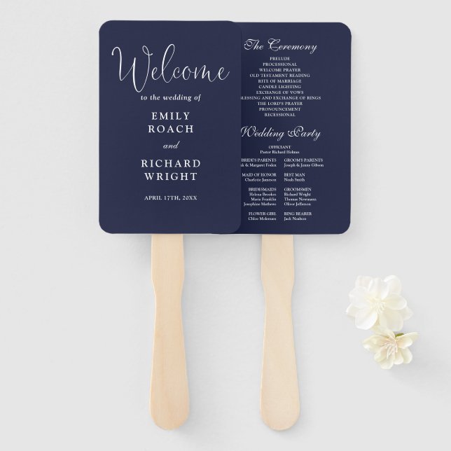 Leque Programa de Casamento em Azul Marinho com Letra El (Frente e Verso)