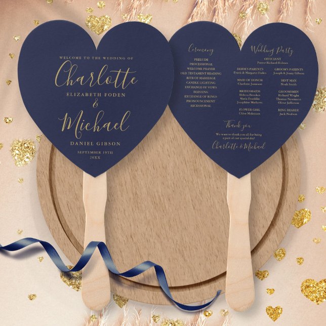 Leque Programa de Casamento em Azul Naval e Dourado com  (Criador carregado)