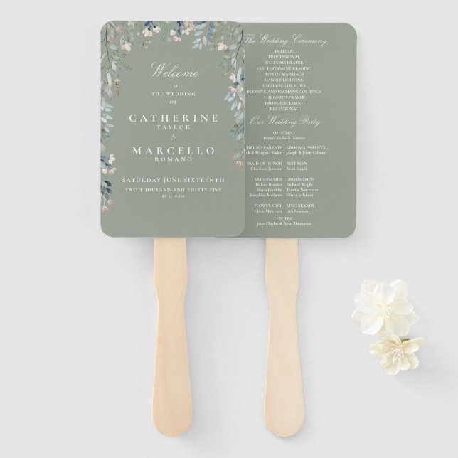 Leque Programa de Casamento em Cascata Floral Verde Sálv (Frente e Verso)