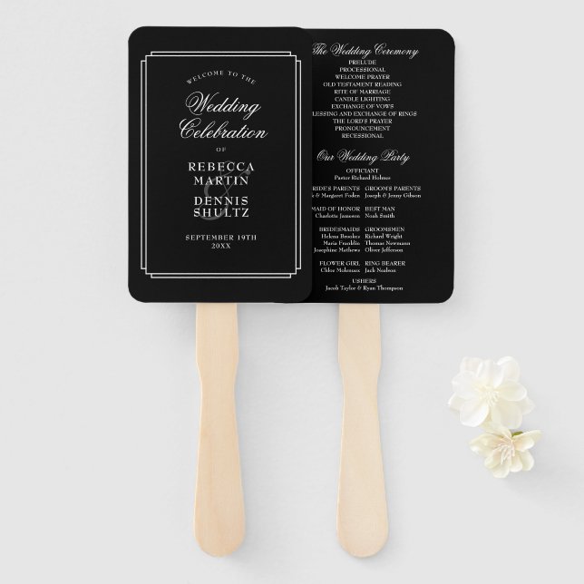 Leque Programa de Casamento em Deco Clássico de Arte Neg (Frente e Verso)