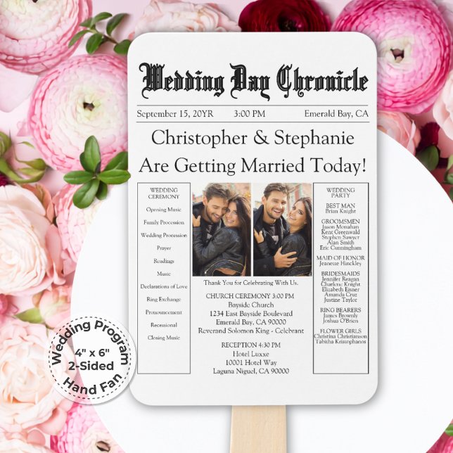 Leque Programa de Casamento em Jornal com QR Code Minima (Elegant Script Calligraphy QR code Timeline White Newspaper Wedding Program Hand Fan)