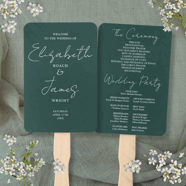 Leque Programa de casamento em letra cursiva minimalista (Emerald Green Minimalist Script Wedding Program Hand Fan)