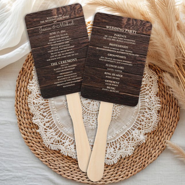 Leque Programa de Casamento em Madeira Marrom Escuro Rús (Rustic wood wedding program hand fan)