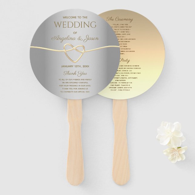 Leque Programa de Casamento em Ouro e Prata (Frente e Verso)