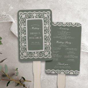 Leque Programa de Casamento em Renda Floral Verde Sálvia